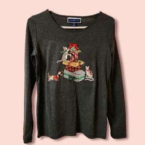 Christmas Cats and Dachshund long sleeve grey XS tee